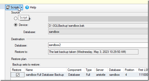 2023-05-03 10_46_36-Restore Database - sandbox2